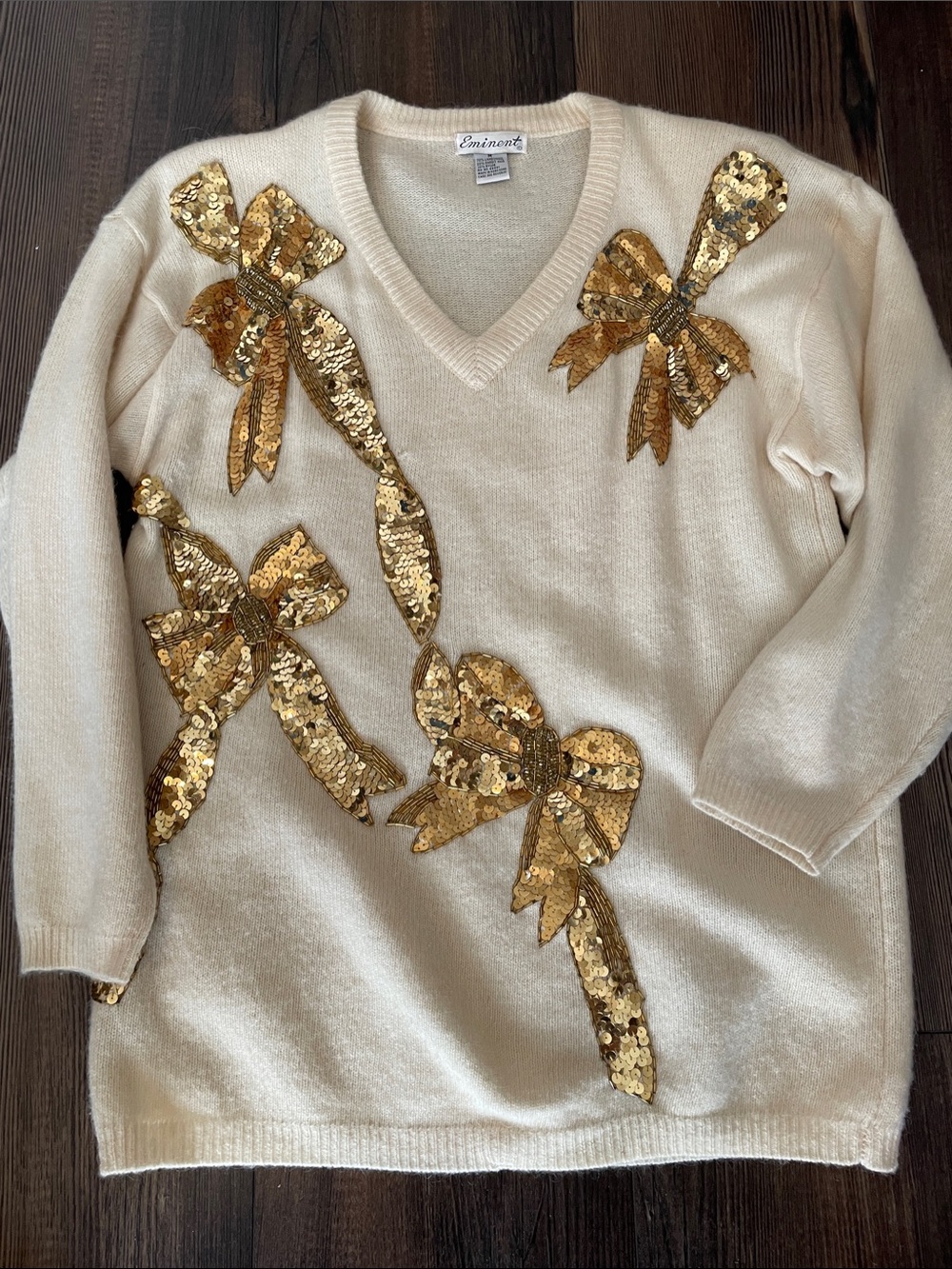 VTG 90s Eminent Cream Lambswool Angora Sequin Bow Holiday Party Sweater M